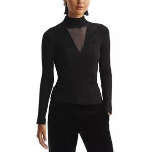 Paola Bernardi Black Ribbed Mock Neck Sheer V Sweater XS